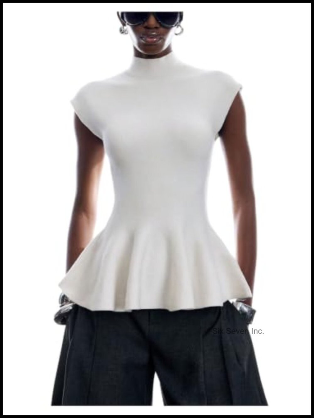 Women's Peplum Sweater Mock Neck Cap Sleeve Knit Babydoll Top